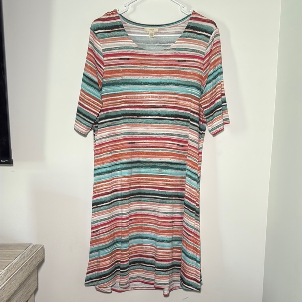 Cupio Women’s Colorful Striped Scoop Neck Short Sleeve Dress Size Large‎